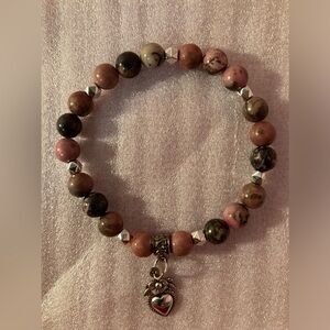 Bracelet rhodonite crystal and silver heart charm